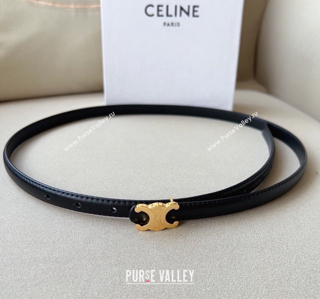 Celine Triomphe Womens Leather Belt 1.5cm with Gold Logo Buckle Black 2023 1108 (99-231108159)