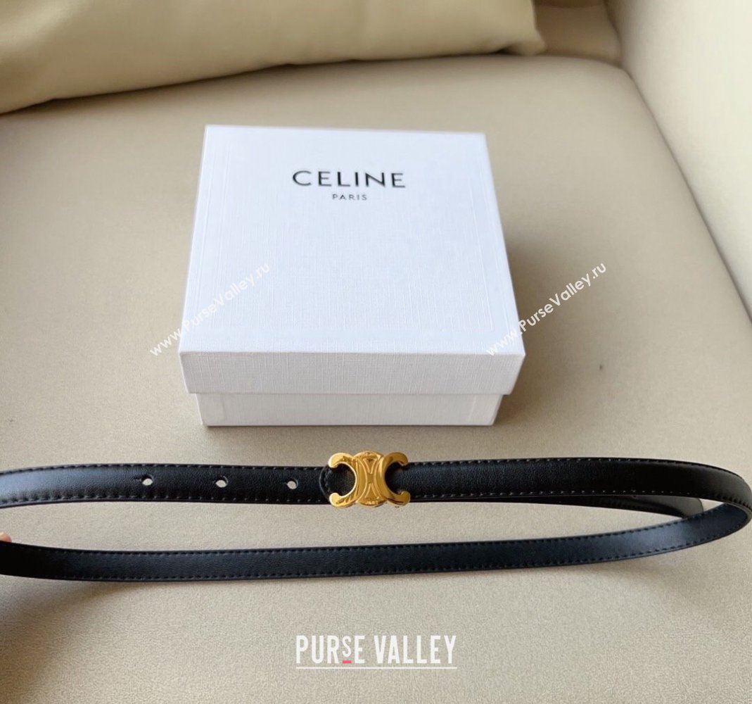 Celine Triomphe Womens Leather Belt 1.5cm with Gold Logo Buckle Black 2023 1108 (99-231108159)