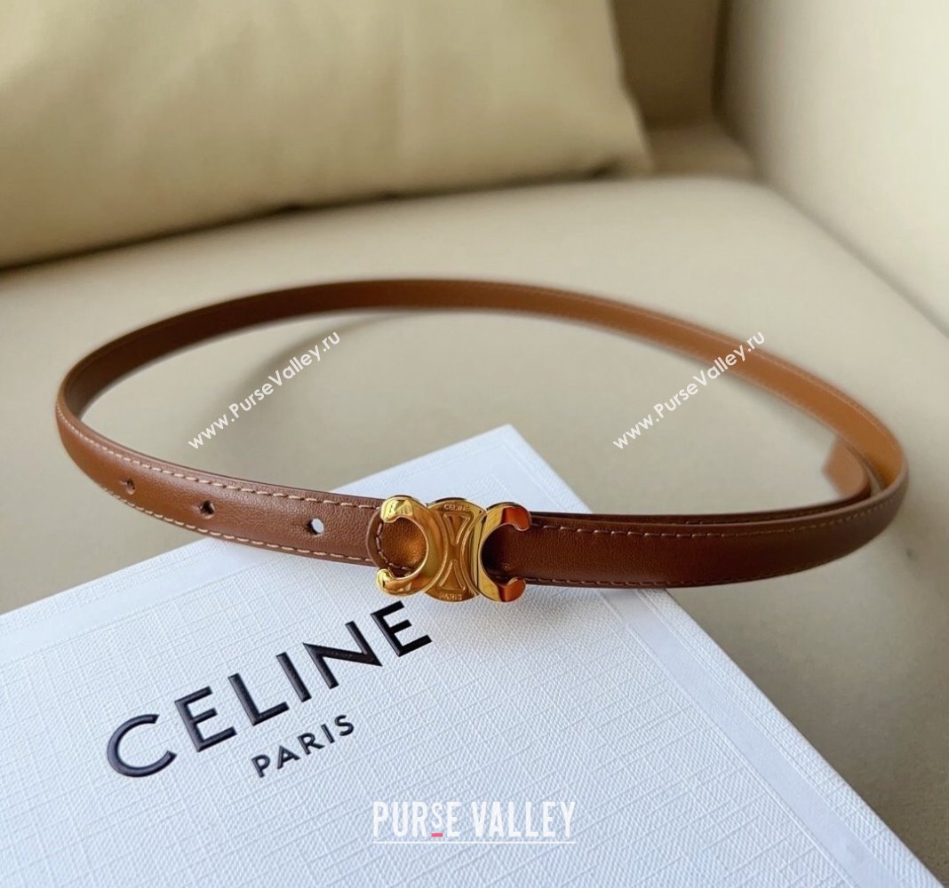 Celine Triomphe Womens Leather Belt 1.5cm with Gold Logo Buckle Dark Brown 2023 1108 (99-231108162)