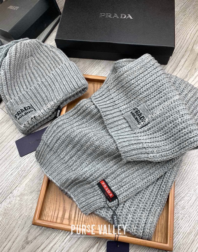 Prada Knit Hat and Scarf Set Grey 2023 1108 (MAO-231108032)