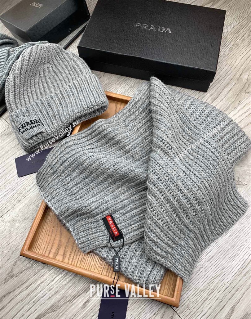 Prada Knit Hat and Scarf Set Grey 2023 1108 (MAO-231108032)