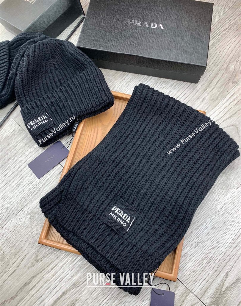 Prada Knit Hat and Scarf Set Black 2023 1108 (MAO-231108033)