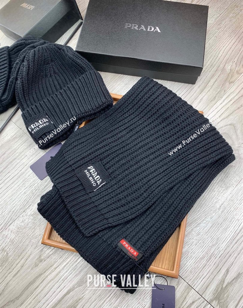 Prada Knit Hat and Scarf Set Black 2023 1108 (MAO-231108033)