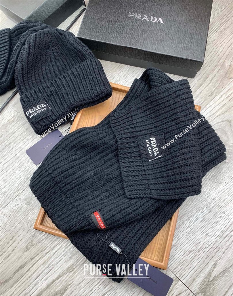 Prada Knit Hat and Scarf Set Black 2023 1108 (MAO-231108033)