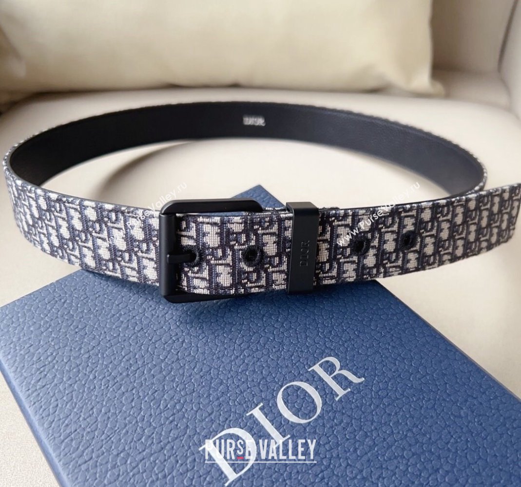 Dior Blue Oblique Canvas Belt 3.5cm with Black Pin Buckle 2023 1124 (99-231124005)