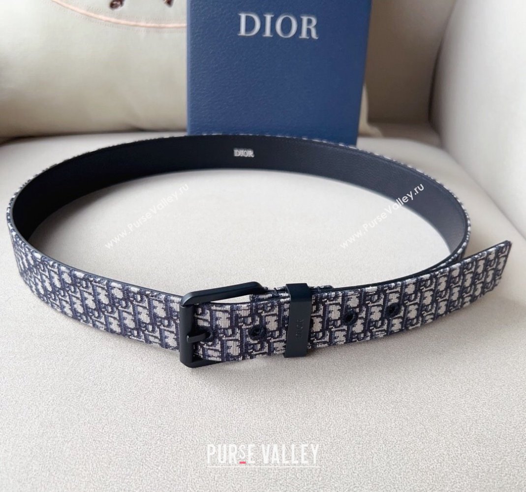 Dior Blue Oblique Canvas Belt 3.5cm with Black Pin Buckle 2023 1124 (99-231124005)