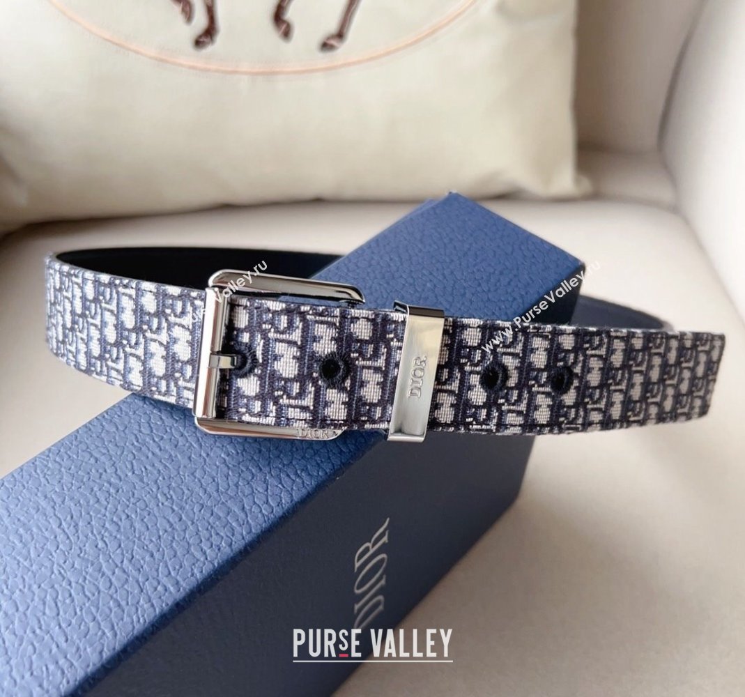 Dior Blue Oblique Canvas Belt 3.5cm with Silver-Tone Pin Buckle 2023 1124 (99-231124006)