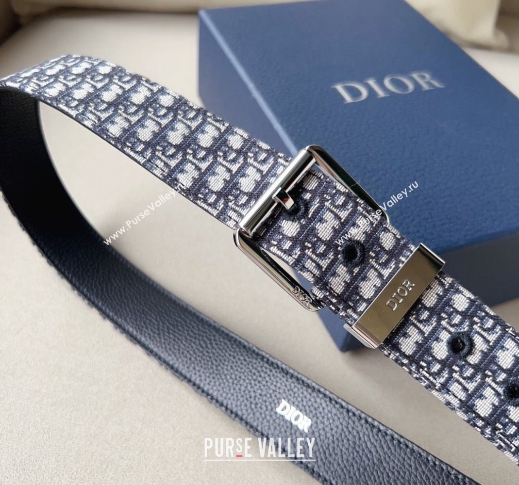 Dior Blue Oblique Canvas Belt 3.5cm with Silver-Tone Pin Buckle 2023 1124 (99-231124006)