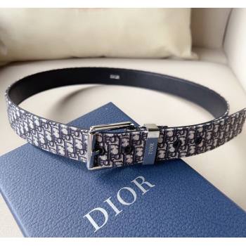 Dior Blue Oblique Canvas Belt 3.5cm with Silver-Tone Pin Buckle 2023 1124 (99-231124006)