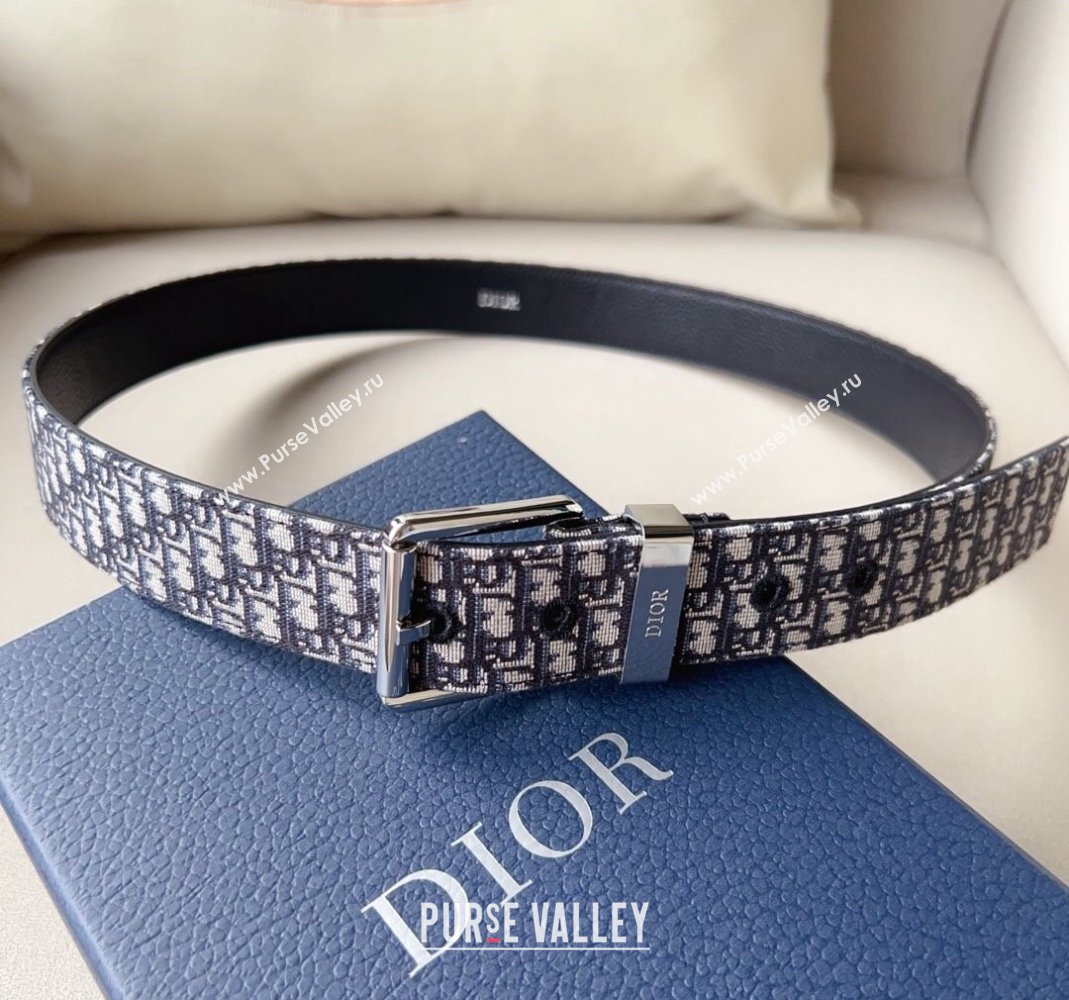 Dior Blue Oblique Canvas Belt 3.5cm with Silver-Tone Pin Buckle 2023 1124 (99-231124006)