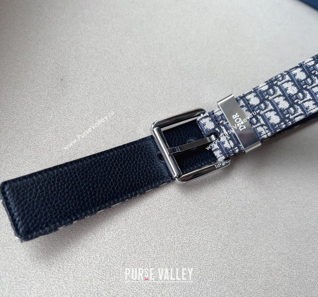 Dior Blue Oblique Canvas Belt 3.5cm with Silver-Tone Pin Buckle 2023 1124 (99-231124006)