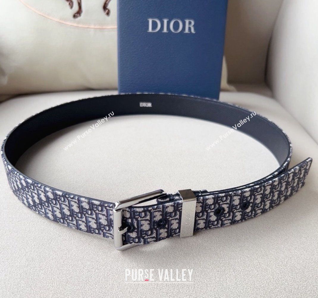 Dior Blue Oblique Canvas Belt 3.5cm with Silver-Tone Pin Buckle 2023 1124 (99-231124006)