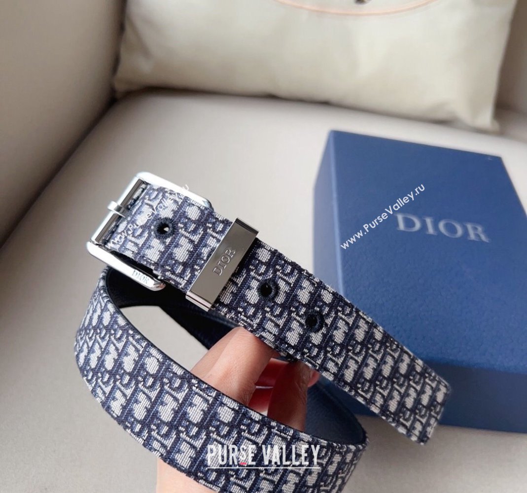 Dior Blue Oblique Canvas Belt 3.5cm with Silver-Tone Pin Buckle 2023 1124 (99-231124006)