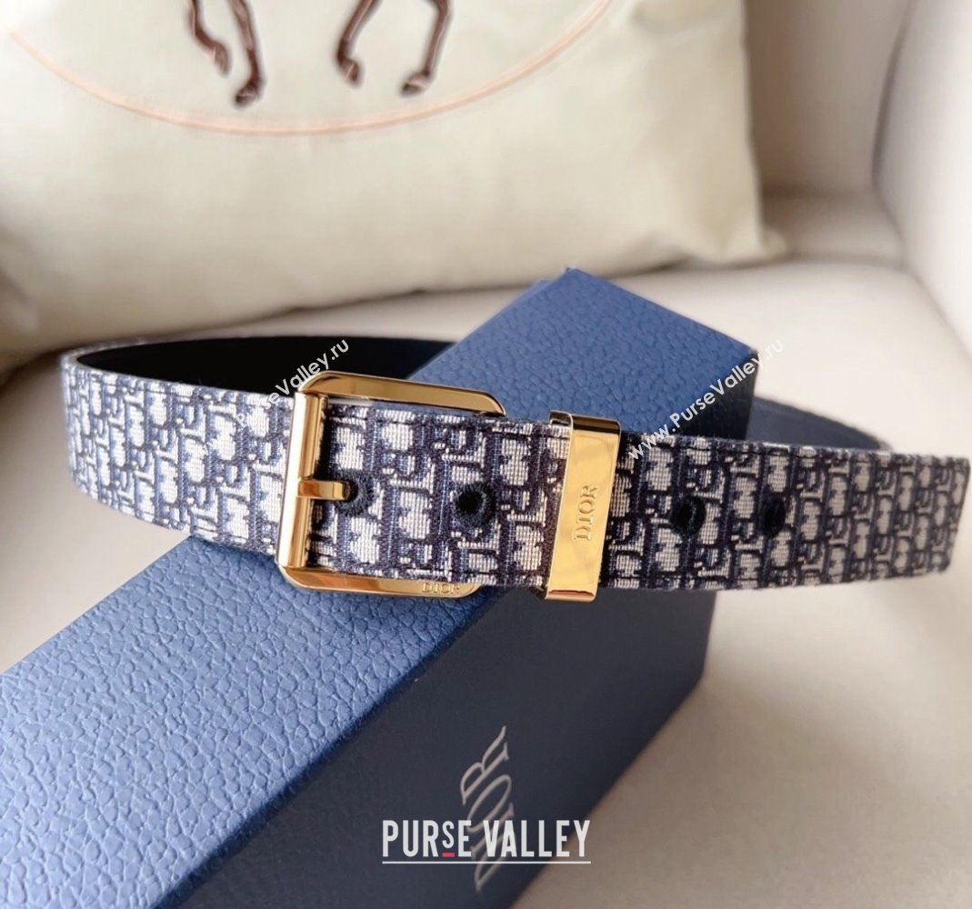 Dior Blue Oblique Canvas Belt 3.5cm with Gold-Tone Pin Buckle 2023 1124 (99-231124007)