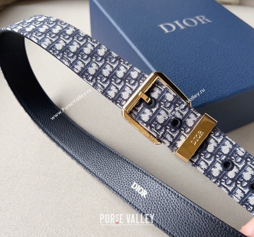 Dior Blue Oblique Canvas Belt 3.5cm with Gold-Tone Pin Buckle 2023 1124 (99-231124007)