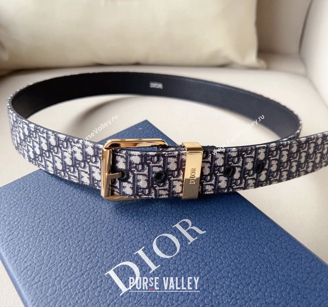 Dior Blue Oblique Canvas Belt 3.5cm with Gold-Tone Pin Buckle 2023 1124 (99-231124007)