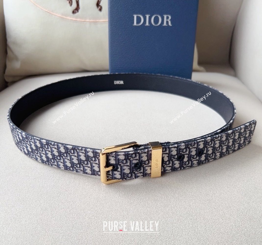 Dior Blue Oblique Canvas Belt 3.5cm with Gold-Tone Pin Buckle 2023 1124 (99-231124007)