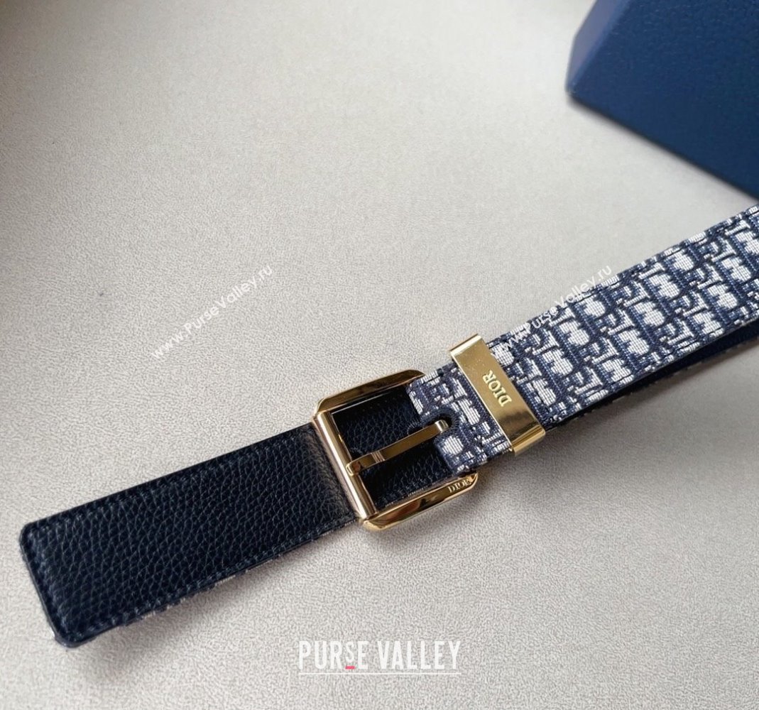 Dior Blue Oblique Canvas Belt 3.5cm with Gold-Tone Pin Buckle 2023 1124 (99-231124007)