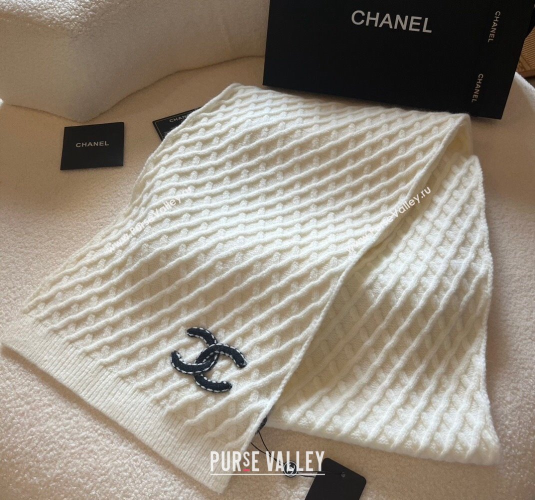 Chanel Quilted Knit Scarf 35x180cm White 2023 1123 (XMN-231123023)