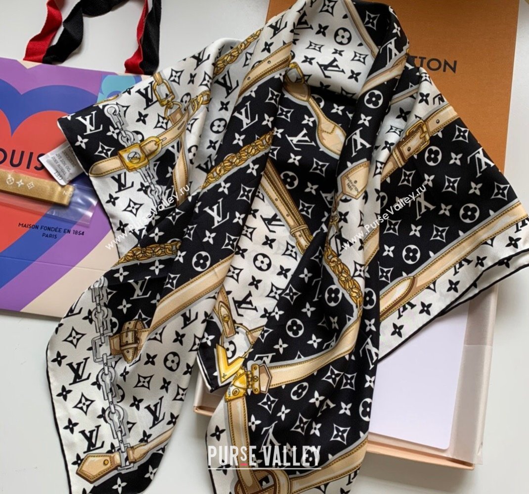 Louis Vuitton Silk Sqaure Scarf 90x90cm Black/White 2023 112301 (WNS-231123014)