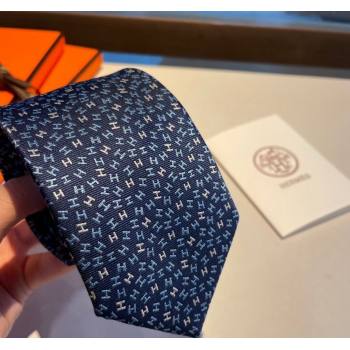 Hermes Silk Tie in H Embroidery Navy Blue 2023 1122 (XMN-231122016)