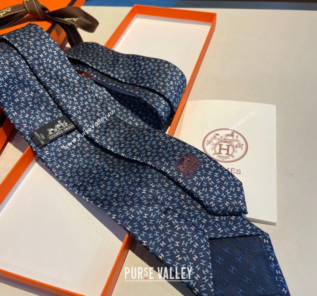 Hermes Silk Tie in H Embroidery Navy Blue 2023 1122 (XMN-231122016)