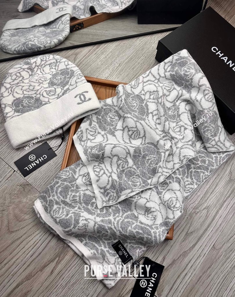 Chanel Camellia Bloom Wool Knit Hat and Scarf Set White 2023 1123 (XMN-231123035)