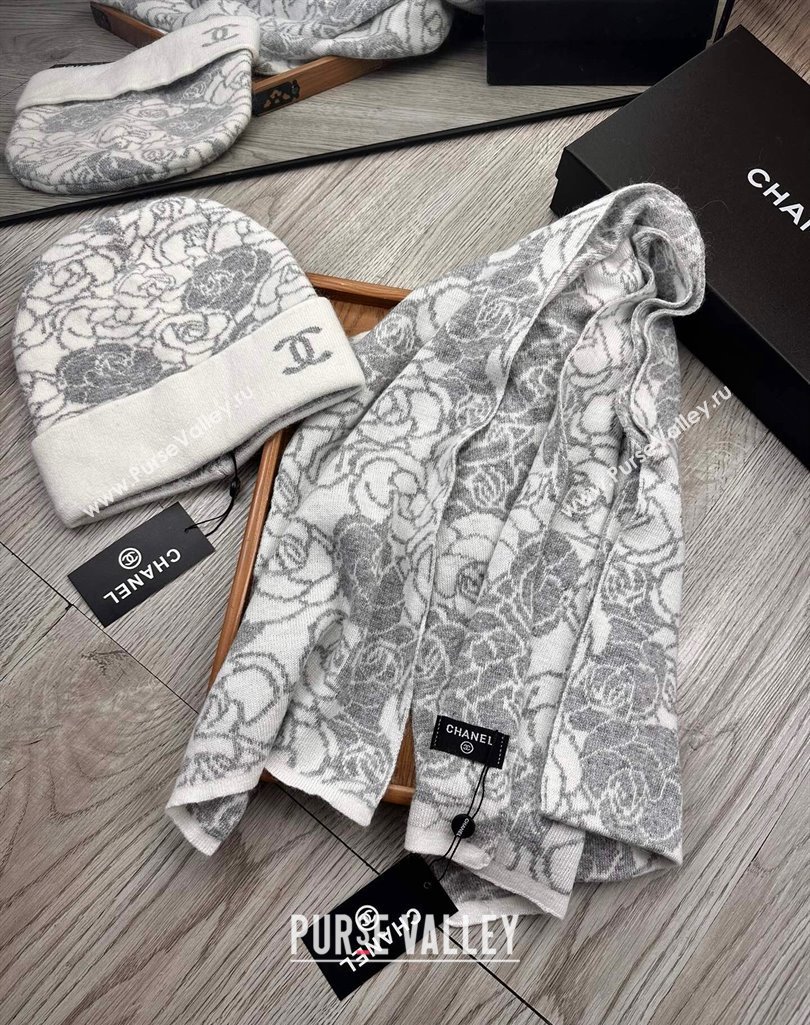 Chanel Camellia Bloom Wool Knit Hat and Scarf Set White 2023 1123 (XMN-231123035)
