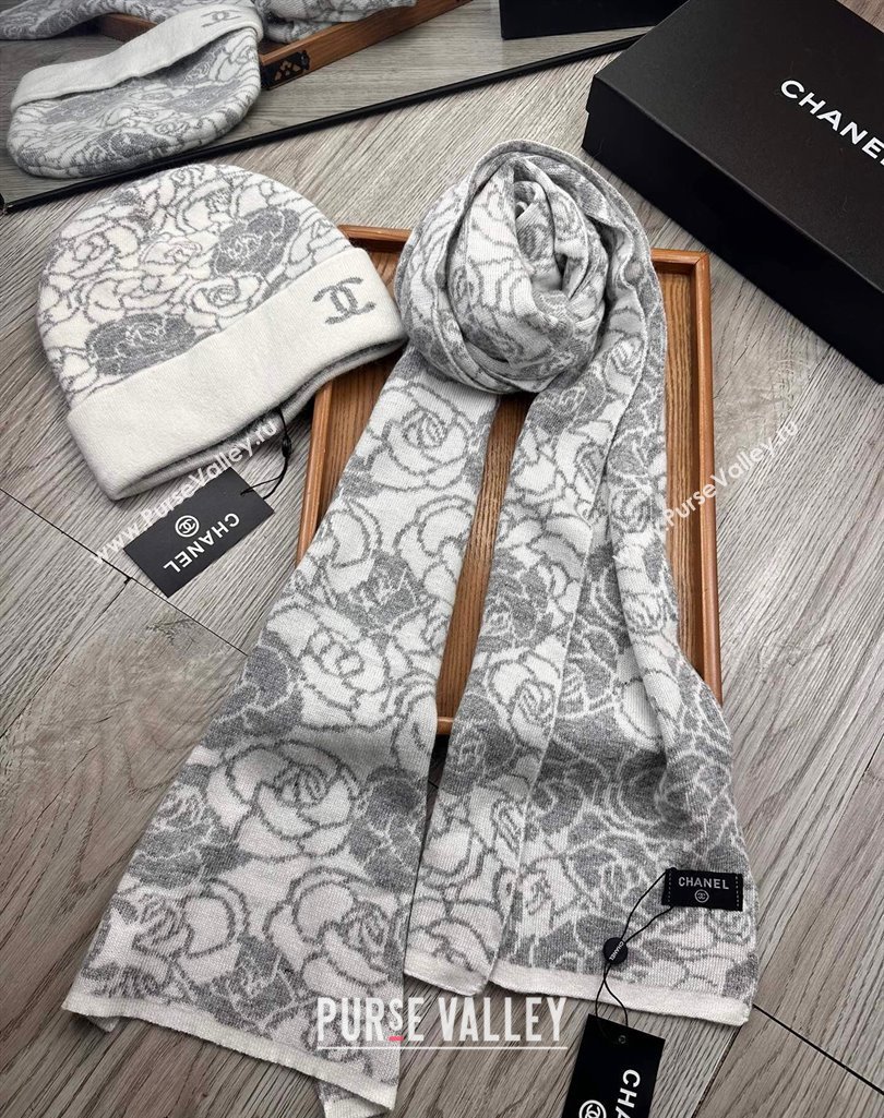 Chanel Camellia Bloom Wool Knit Hat and Scarf Set White 2023 1123 (XMN-231123035)