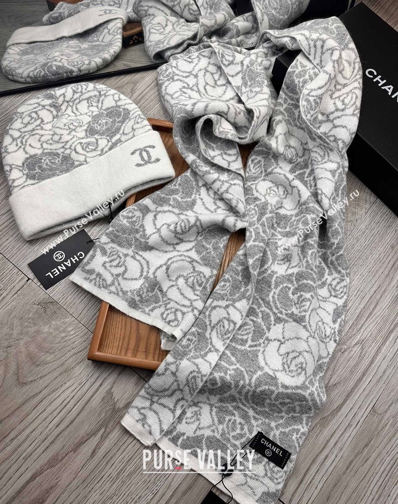 Chanel Camellia Bloom Wool Knit Hat and Scarf Set White 2023 1123 (XMN-231123035)