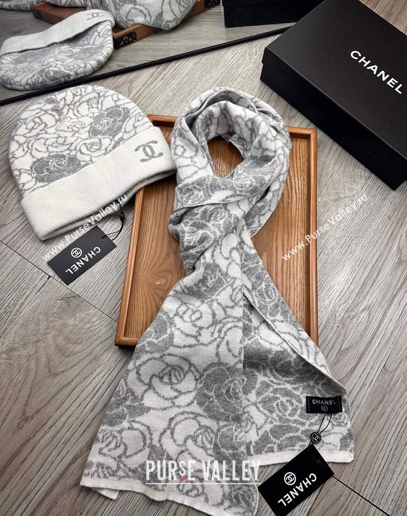 Chanel Camellia Bloom Wool Knit Hat and Scarf Set White 2023 1123 (XMN-231123035)