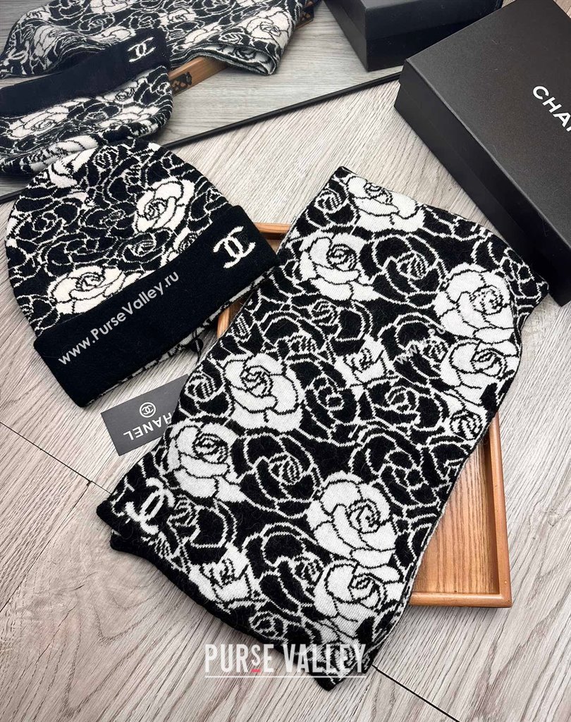 Chanel Camellia Bloom Wool Knit Hat and Scarf Set Black 2023 1123 (XMN-231123036)