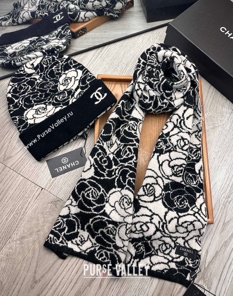 Chanel Camellia Bloom Wool Knit Hat and Scarf Set Black 2023 1123 (XMN-231123036)