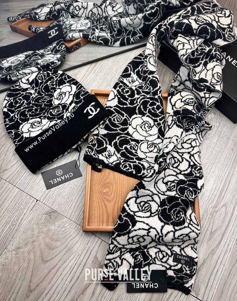 Chanel Camellia Bloom Wool Knit Hat and Scarf Set Black 2023 1123 (XMN-231123036)