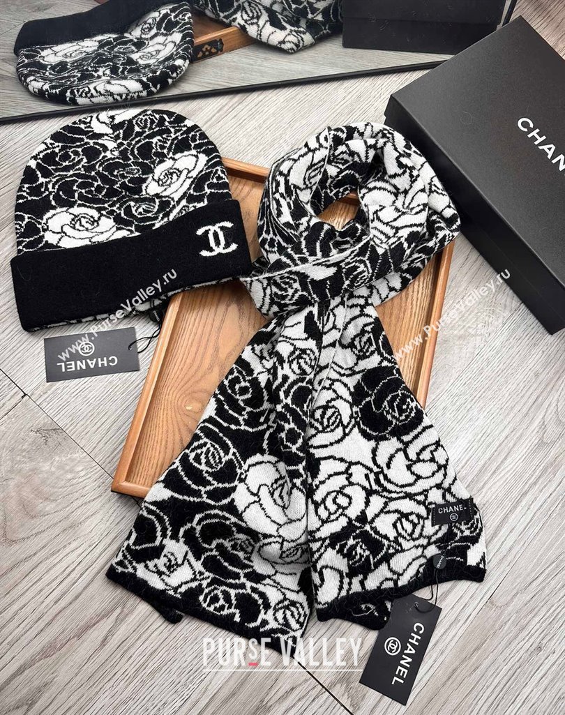 Chanel Camellia Bloom Wool Knit Hat and Scarf Set Black 2023 1123 (XMN-231123036)