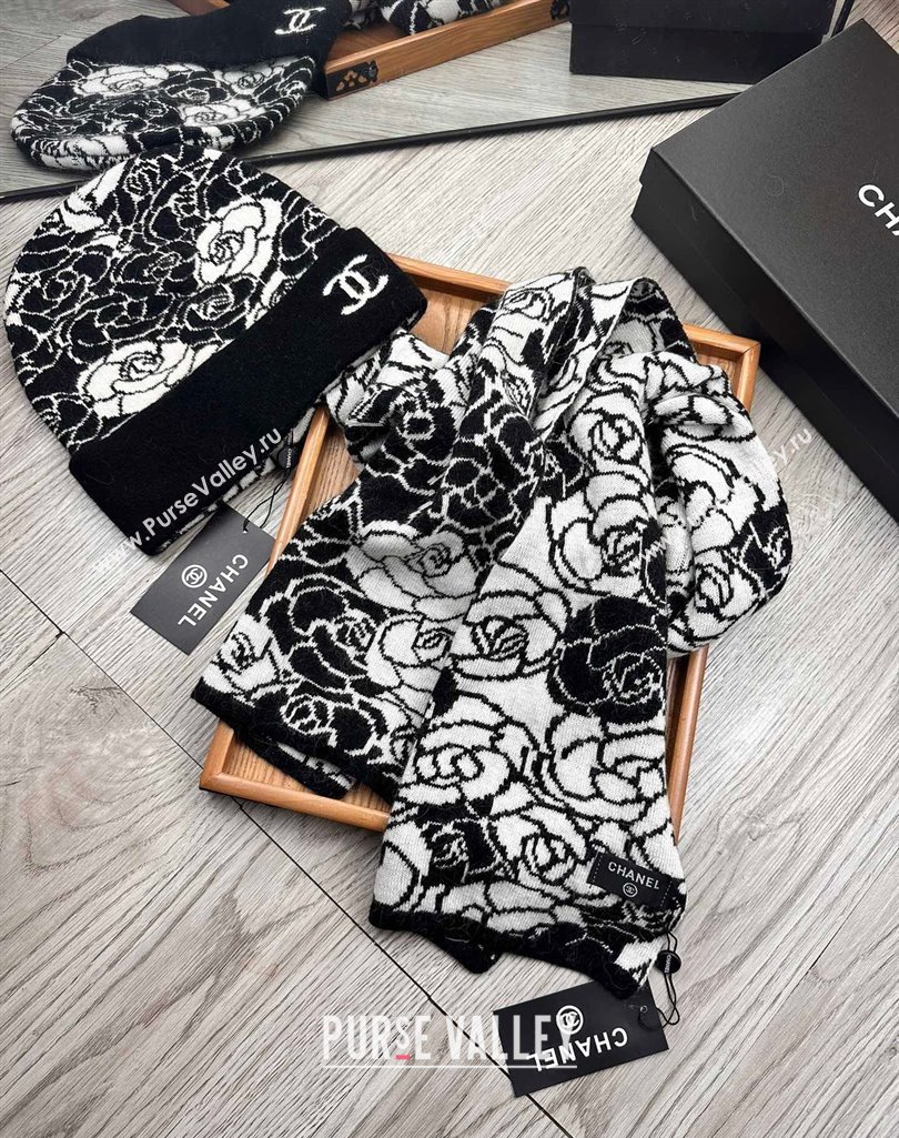 Chanel Camellia Bloom Wool Knit Hat and Scarf Set Black 2023 1123 (XMN-231123036)
