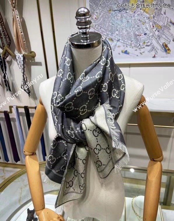 Gucci Wool and Gold-Tone Long Scarf 50x195cm Grey 2023 GG122102 (wtz-231221021)