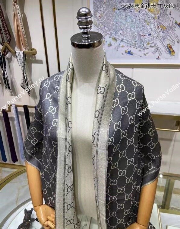 Gucci Wool and Gold-Tone Long Scarf 50x195cm Grey 2023 GG122102 (wtz-231221021)