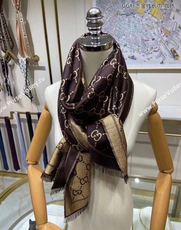 Gucci Wool and Gold-Tone Long Scarf 50x195cm Coffee 2023 GG122102 (wtz-231221022)