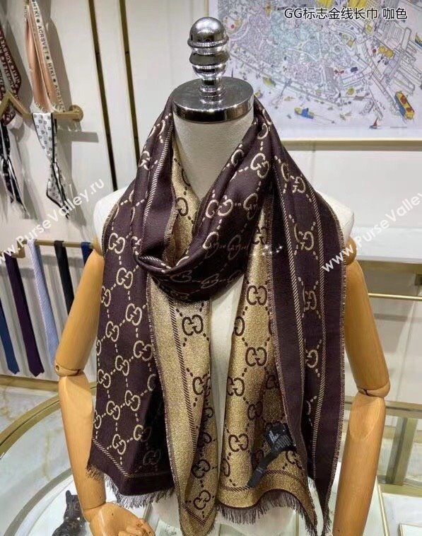 Gucci Wool and Gold-Tone Long Scarf 50x195cm Coffee 2023 GG122102 (wtz-231221022)