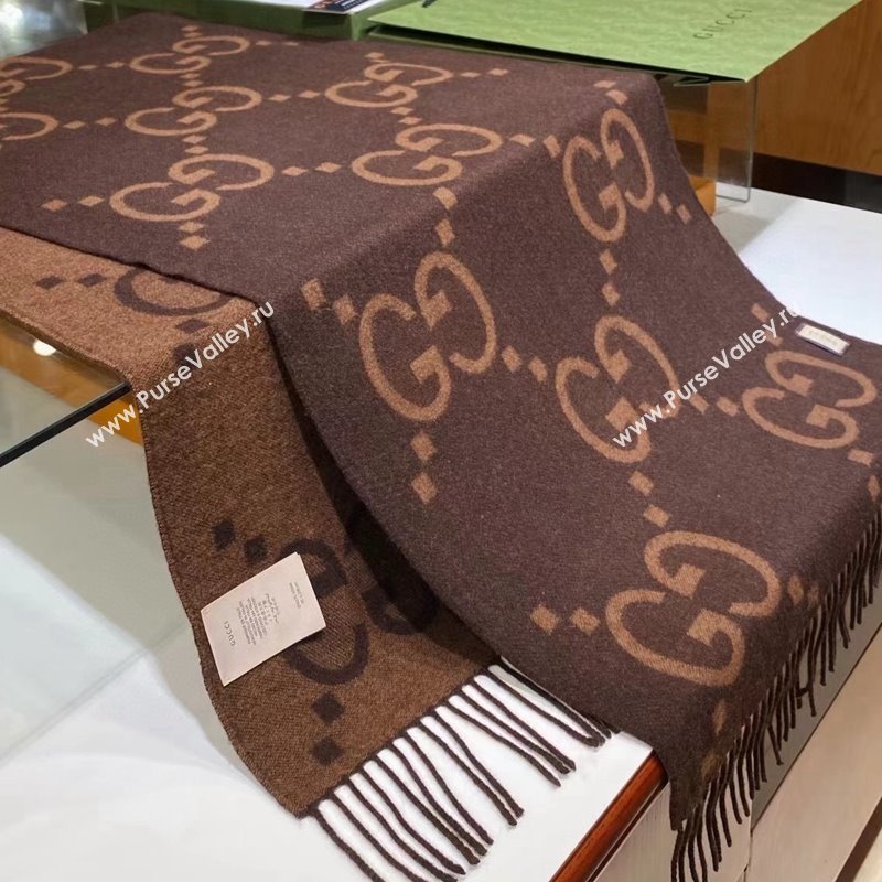 Gucci Wool Long Scarf 45x200cm Camel/Coffee Brown 2023 GG122103 (wtz-231221025)