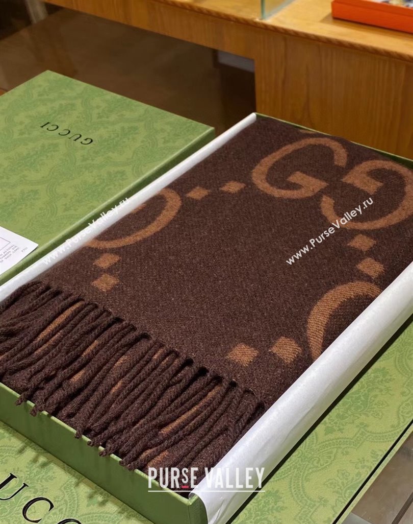 Gucci Wool Long Scarf 45x200cm Camel/Coffee Brown 2023 GG122103 (wtz-231221025)