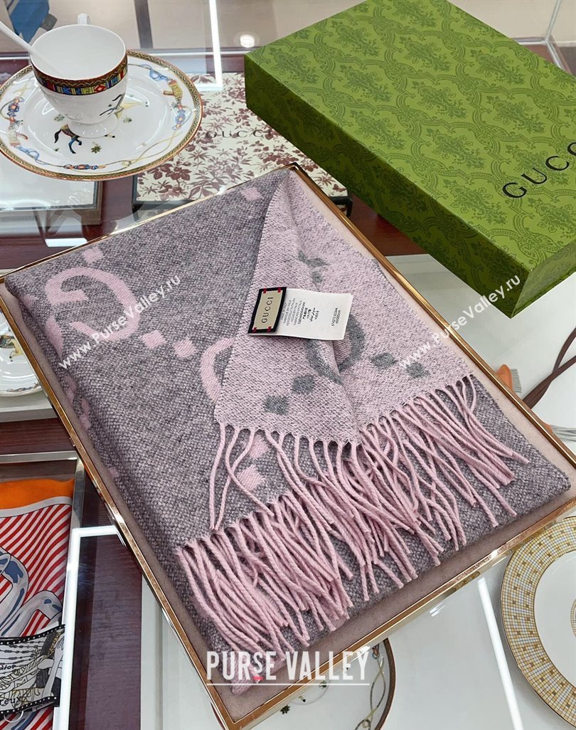 Gucci Wool Long Scarf 45x200cm Light Pink/Grey 2023 GG122103 (wtz-231221028)