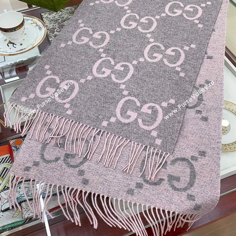 Gucci Wool Long Scarf 45x200cm Light Pink/Grey 2023 GG122103 (wtz-231221028)