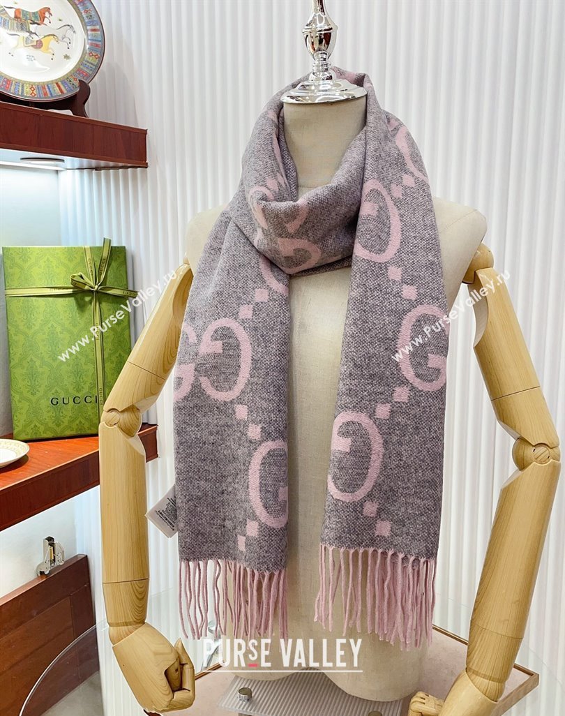 Gucci Wool Long Scarf 45x200cm Light Pink/Grey 2023 GG122103 (wtz-231221028)