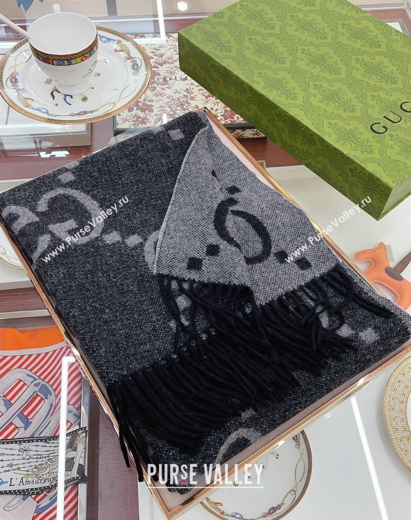 Gucci Wool Long Scarf 45x200cm Grey/Black 2023 GG122103 (wtz-231221029)