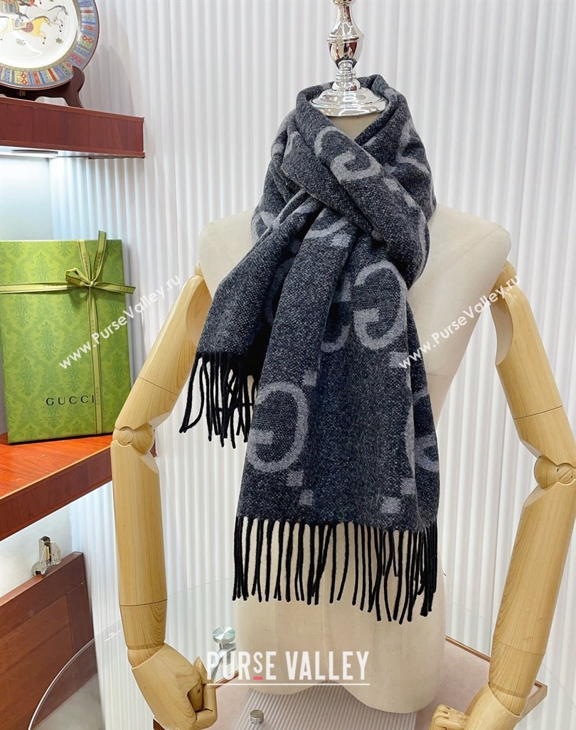 Gucci Wool Long Scarf 45x200cm Grey/Black 2023 GG122103 (wtz-231221029)