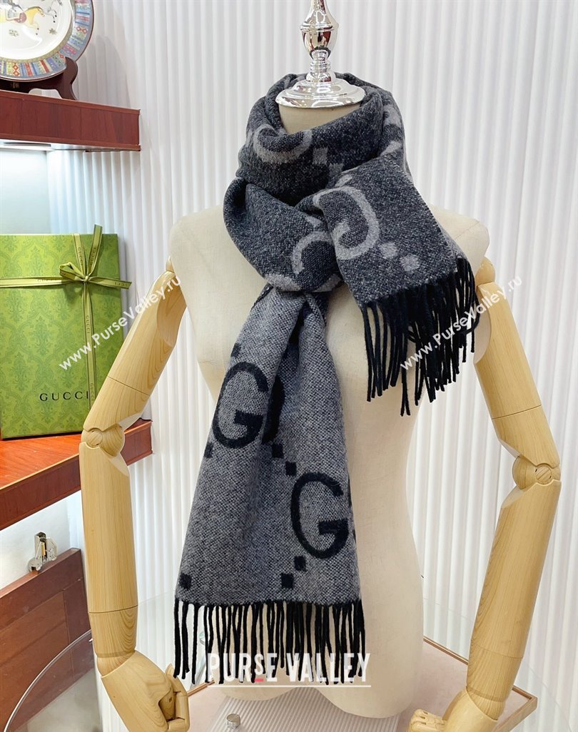 Gucci Wool Long Scarf 45x200cm Grey/Black 2023 GG122103 (wtz-231221029)