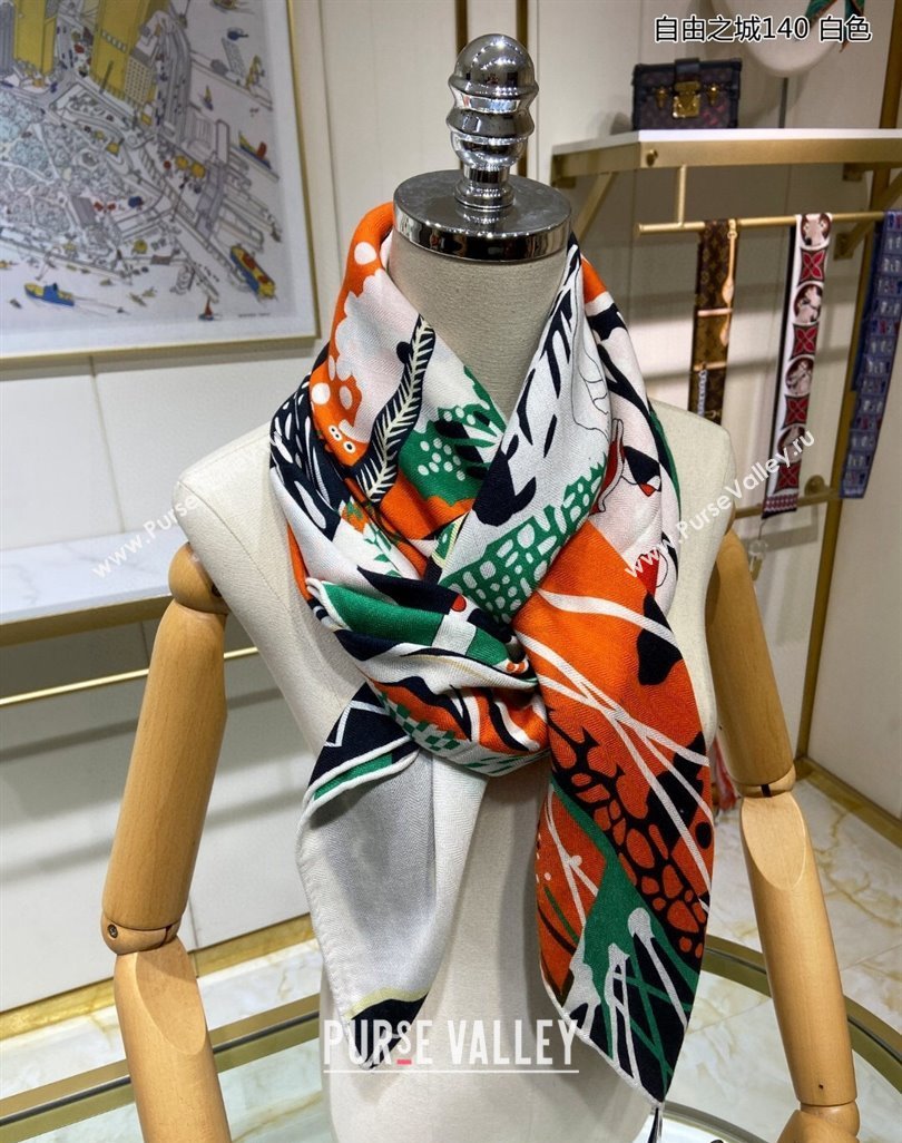 Hermes Liberty City Cashmere Silk Shawl Scarf 140cm White 2023 H243911S (A-231221031)