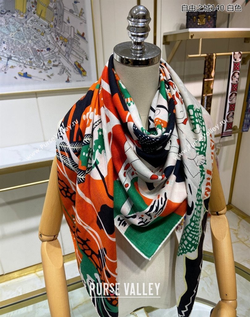 Hermes Liberty City Cashmere Silk Shawl Scarf 140cm White 2023 H243911S (A-231221031)